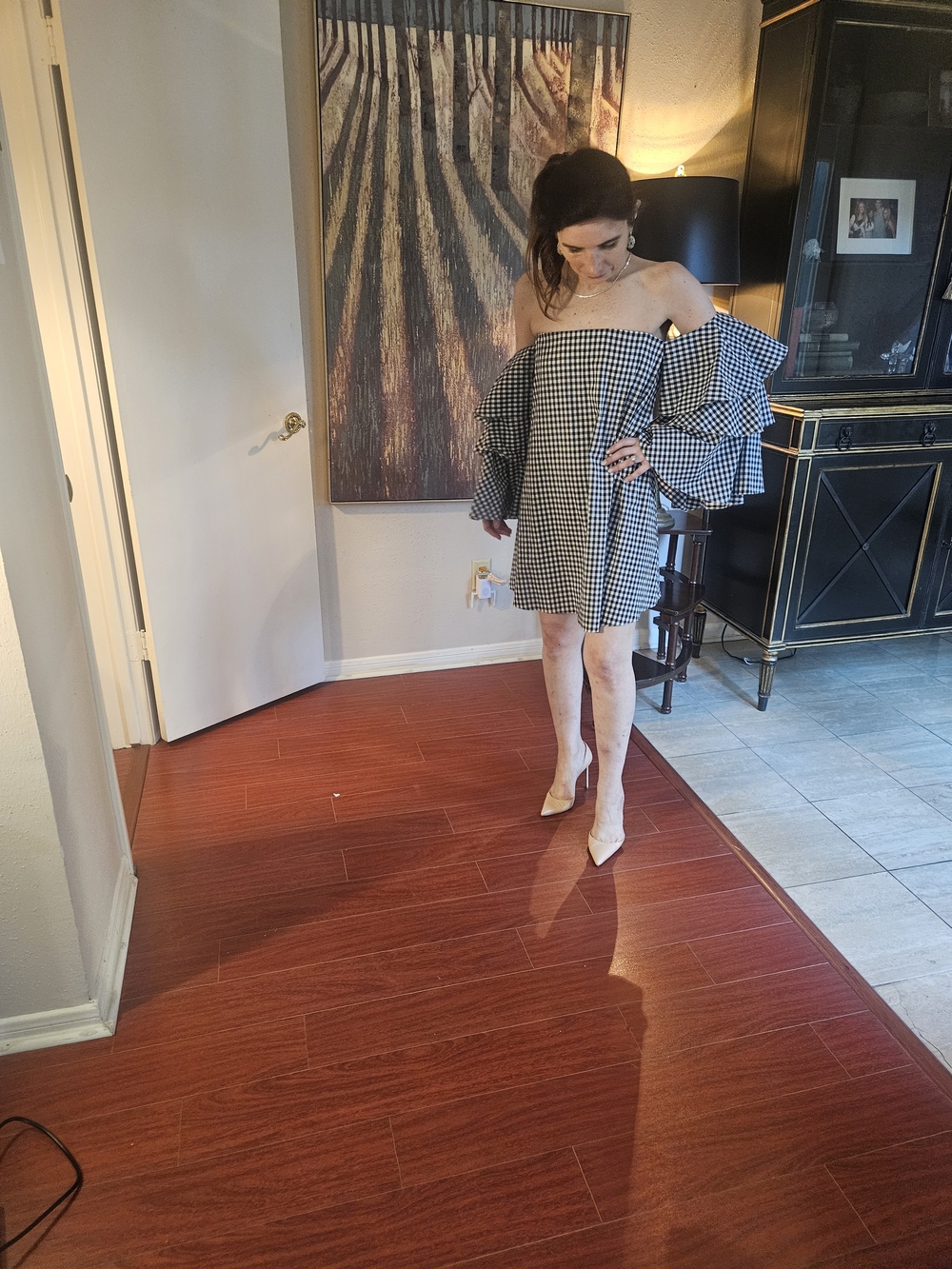 Caroline Constas Black & White Gingham Off-Shoulder Ruffle Mini